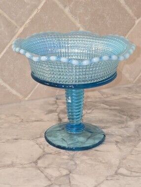 Antique Blue Opalescent National Glass EAPG Footed Compote Candy Dish Art Rare!